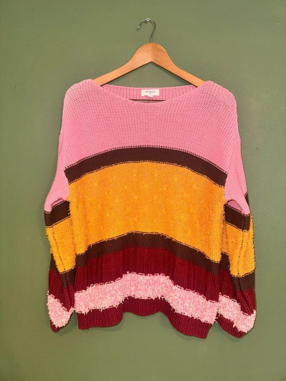 Umgee USA Pink Mustard Striped Chunky Knit Sweater Boat Neck S